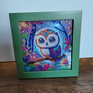 Brand New Colorful Beaded Owl Art in Green Frame